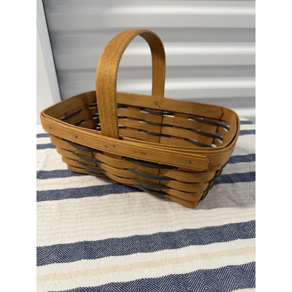 Longaberger Market Basket Black Trim Swing Handle Handwoven USA Farmhouse Decor